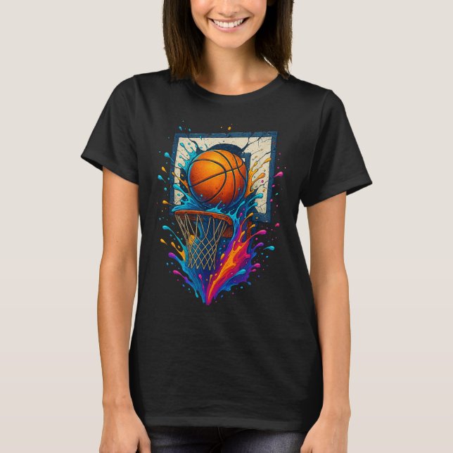 Colourful Basketball Slam Dunk Splash Hoop Backboa T-Shirt (Front)
