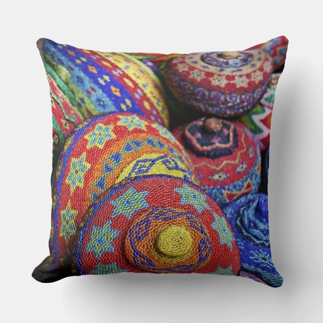 Colourful baskets made from coloured plastic beads cushion (Front)