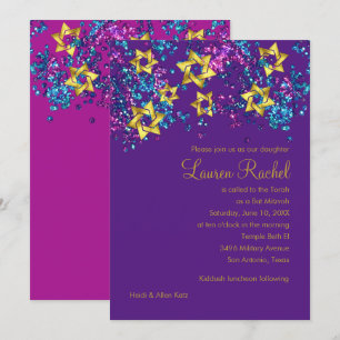Colourful Bat Mitzvah Gold Star Glittery Confetti Invitation