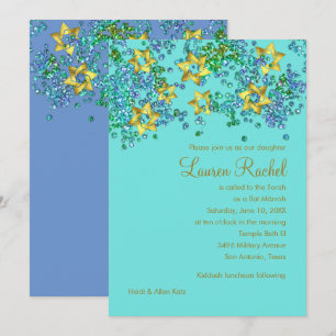 Colourful Bat Mitzvah Gold Star Glittery Confetti Invitation