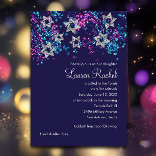 Colourful Bat Mitzvah Silver Star Glittery Confett Invitation