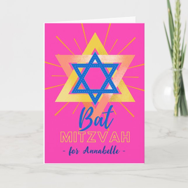 Colourful Bat Mitzvah Star of David Add a Name Car Card (Front)