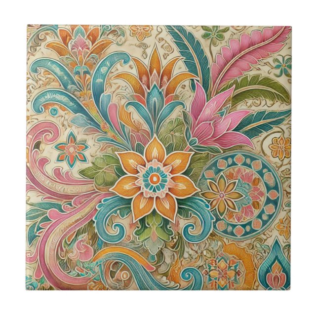 Colourful Batik Boho Botanical Watercolor  Tile (Front)