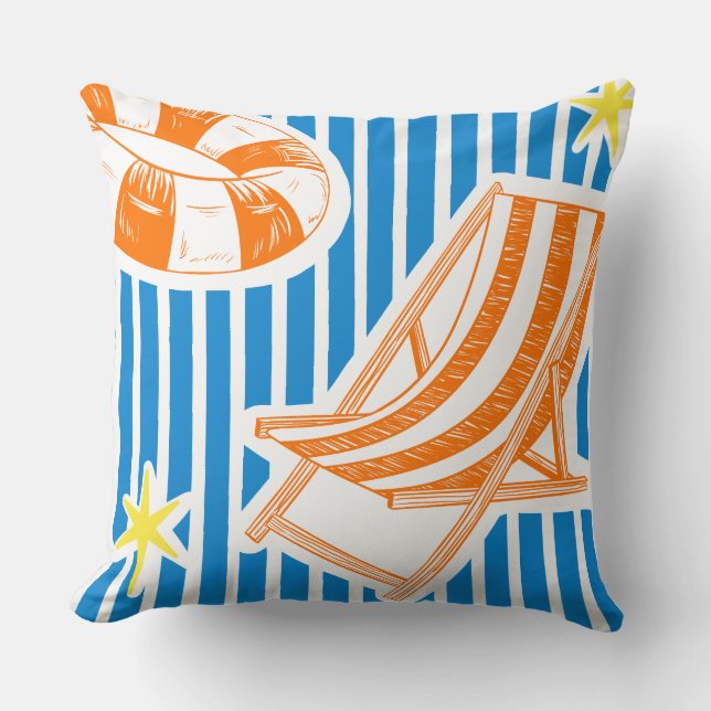 Colourful Beach Bold Orange Blue Stripes Cushion (Front)