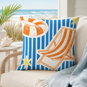 Colourful Beach Bold Orange Blue Stripes Cushion