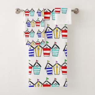 Colourful Beach Hut Illustration Bath Towel Set