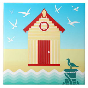 Colourful Beach Hut with Life Ring Buoy Motif Tile