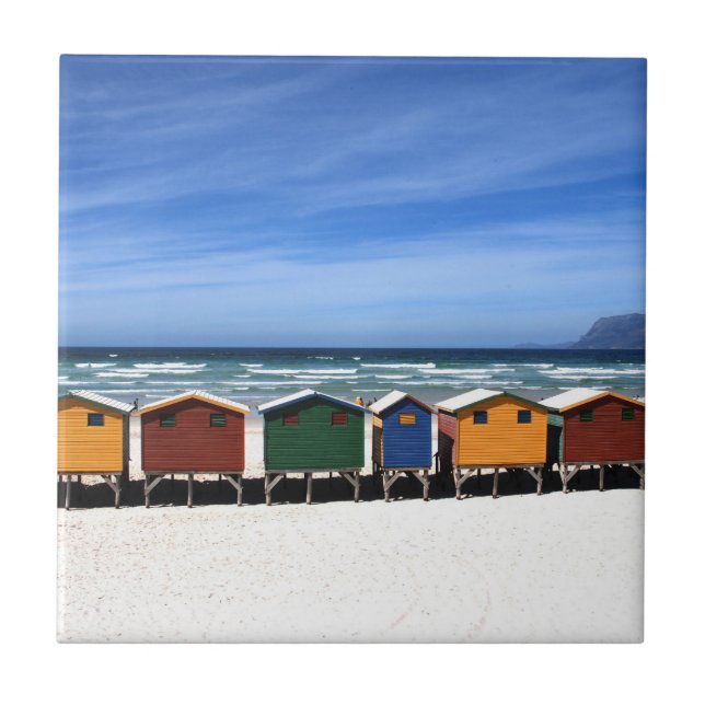 Colourful Beach Huts by the Sea Ceramic Tile (Front)