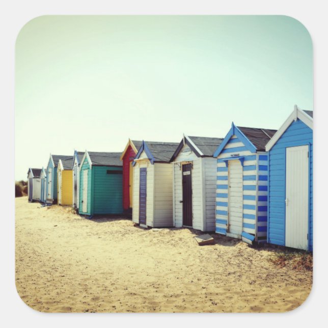 Colourful Beach Huts In The Sun Square Sticker (Front)