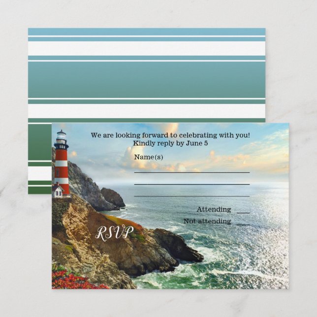 Colourful Beach Lighthouse Wedding RSVP Card (Front/Back)