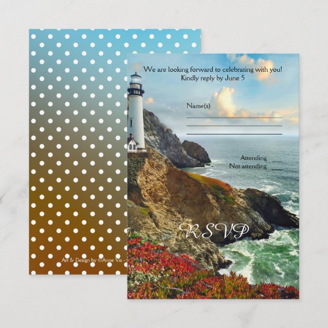 Colourful Beach Lighthouse Wedding RSVP Card (Front/Back)