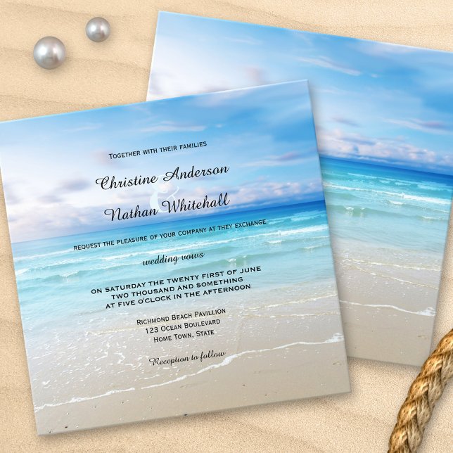 Colourful Beach or Destination Wedding Invitation (A colorful wedding invitation featuring a painting of the beach on a bright day)