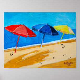 Colourful Beach Umbrellas Sunny Coast Poster