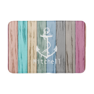 Colourful Beach Wood Nautical Stripes & Anchor  Bath Mat