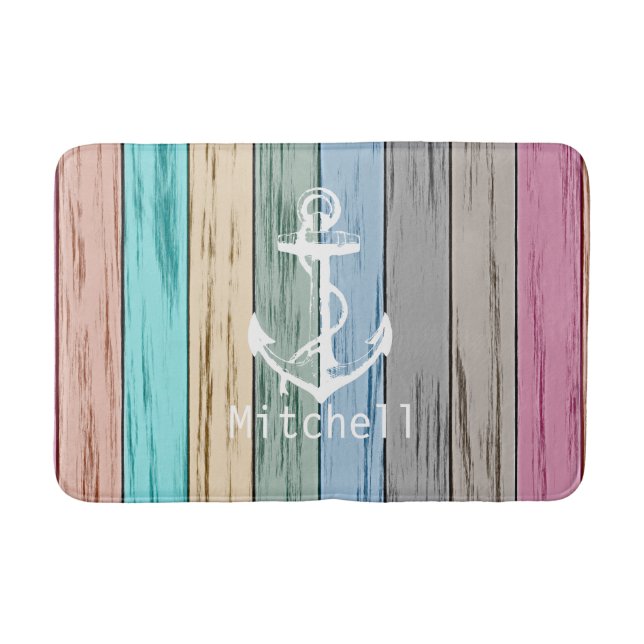 Colourful Beach Wood Nautical Stripes & Anchor Bath Mat (Front)