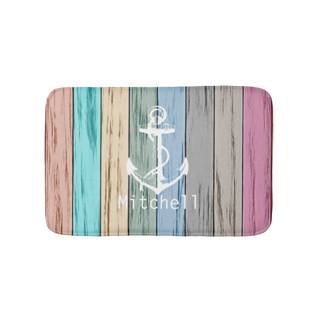 Colourful Beach Wood Nautical Stripes & Anchor Bath Mat (Front)