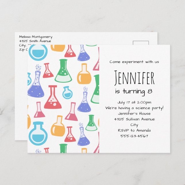 Colourful Beakers and Flasks Science Pattern Invitation Postcard (Front/Back)