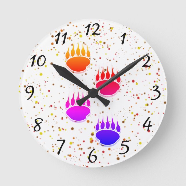Colourful Bear Paw Prints Round Clock (Front)