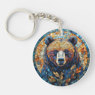 Colourful Bear Portrait in a Stained Glass Art Key Ring
