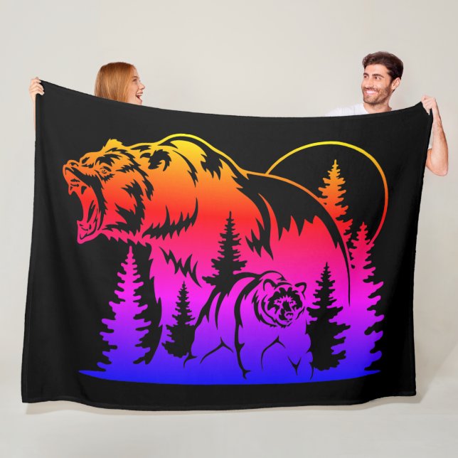 Colourful Bear Silhouette With Forest And Sunset  Fleece Blanket (In Situ)