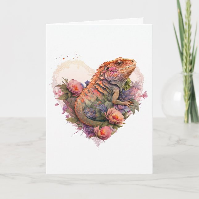 Colourful Bearded Dragon in Flowers Valentine's Da Holiday Card (Front)