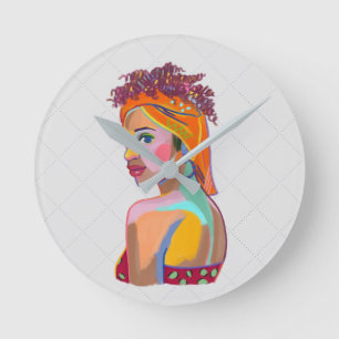 Colourful Beautiful Girl Art Abstract Design Round Clock