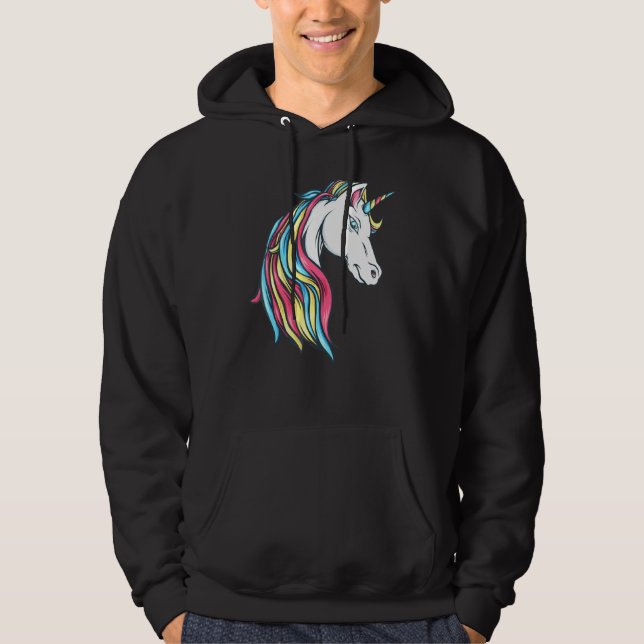 Colourful Beautiful Rainbow Unicorn Head Flowing M Hoodie (Front)