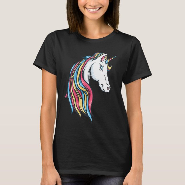 Colourful Beautiful Rainbow Unicorn Head Flowing M T-Shirt (Front)