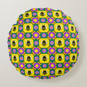 Colourful Bee and Flower Pattern Round Cushion