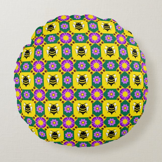 Colourful Bee and Flower Pattern Round Cushion (Front)