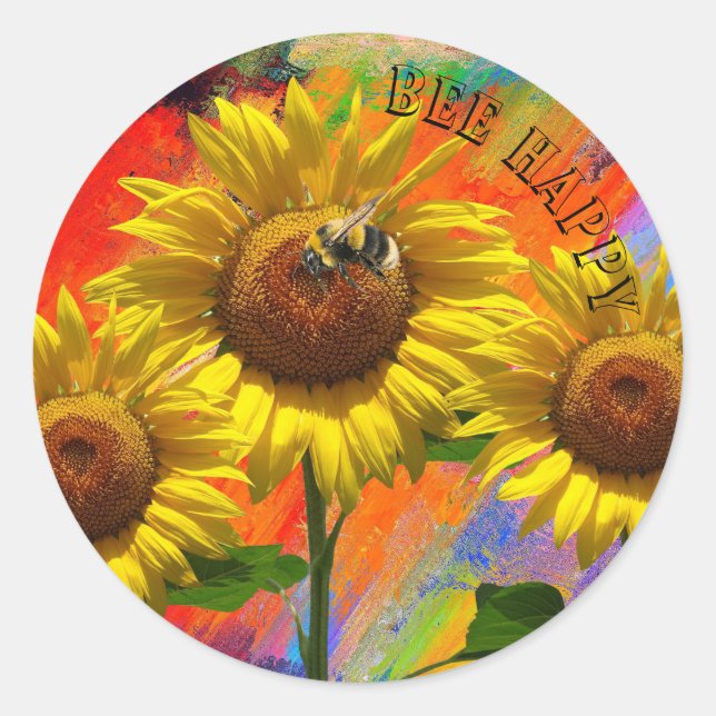 Colourful Bee Happy Sunflower Classic Round Sticker (Front)