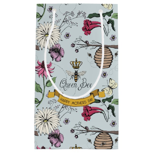 Colourful Beehive and Flowers Blue Floral Small Gift Bag (Front)