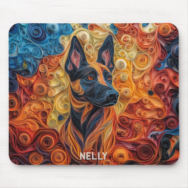 Colourful Belgian Malinois Paper Quilling Portrait Mouse Mat (Front)