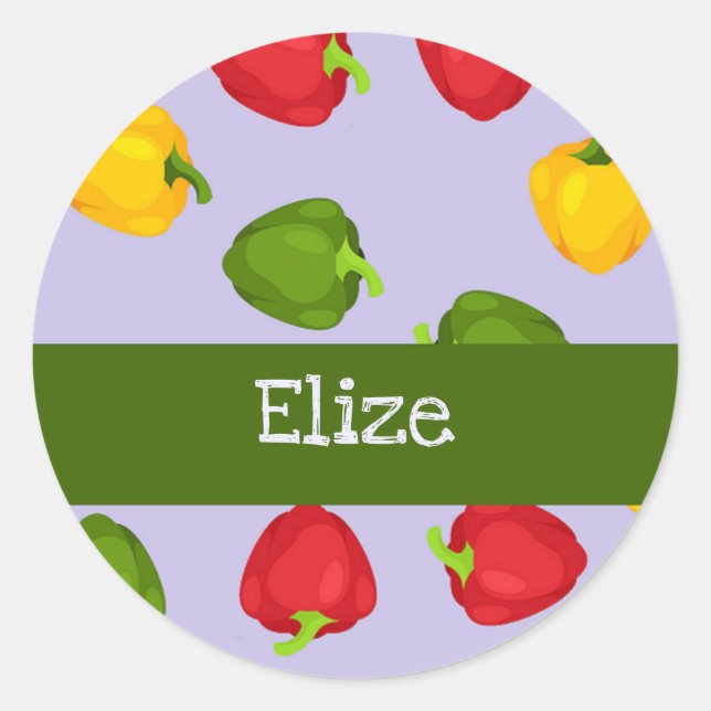 Colourful bell peppers on purple classic round sticker (Front)