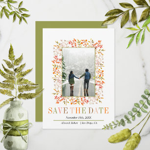 Colourful berries and leaves border fall wedding save the date