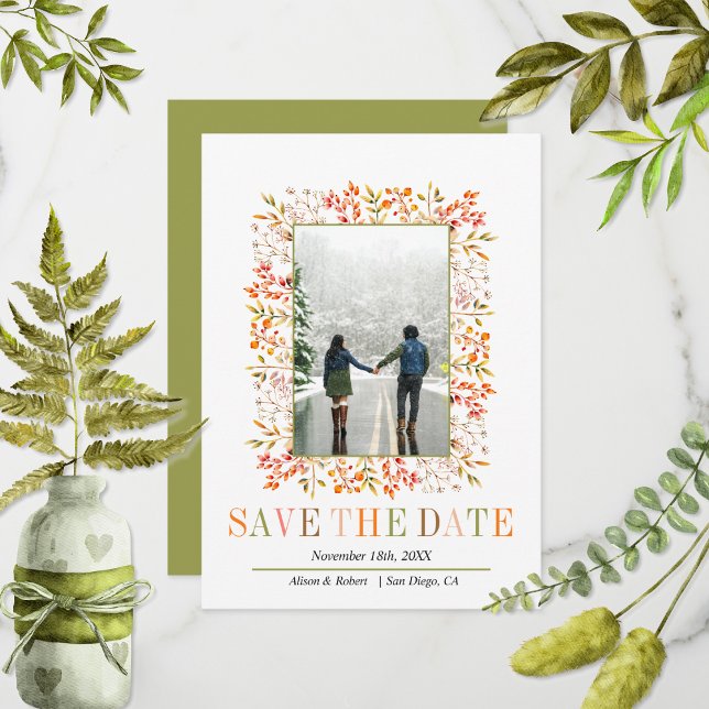 Colourful berries and leaves border fall wedding save the date (Creator Uploaded)