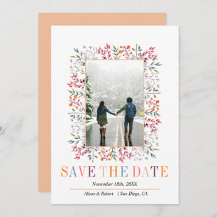 Colourful berries and leaves border peach wedding save the date