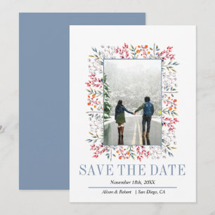 Colourful berries, leaves border dusty blue weddin save the date