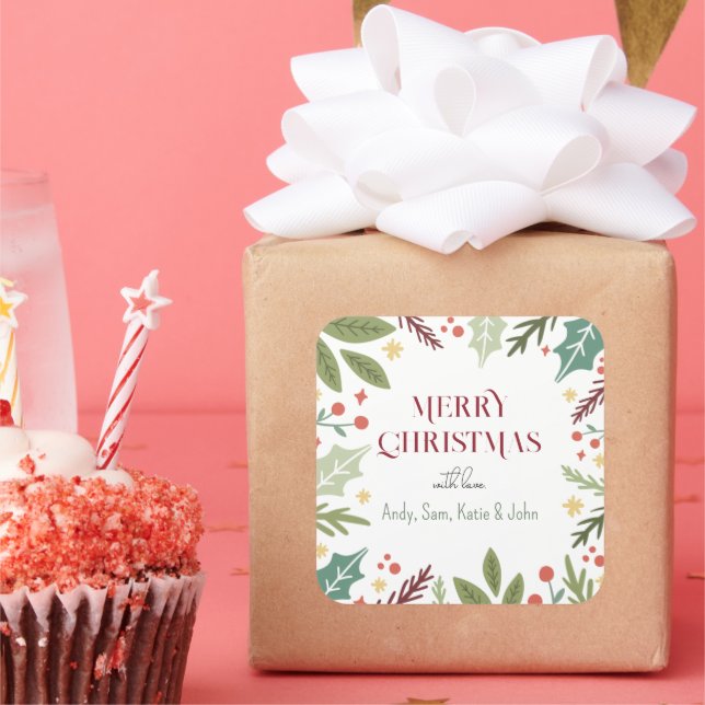 Colourful Berry Foliage Merry Christmas Family Gif Square Sticker (Party)