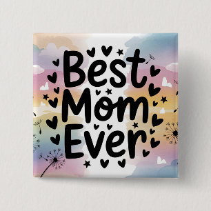 Colourful Best Mum Ever Watercolor Hearts Stars 15 Cm Square Badge
