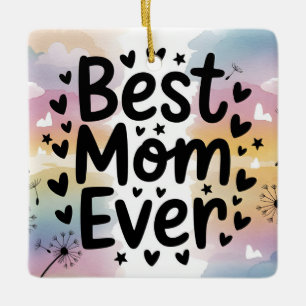 Colourful Best Mum Ever Watercolor Hearts Stars Ceramic Ornament