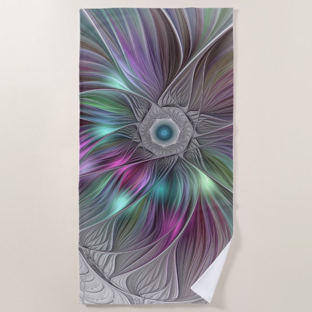 Colourful Big Flower Abstract Trippy Fractal Art Beach Towel (Front)