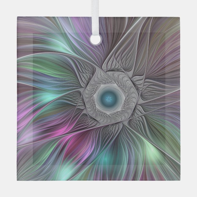 Colourful Big Flower Abstract Trippy Fractal Art Glass Tree Decoration (Front)