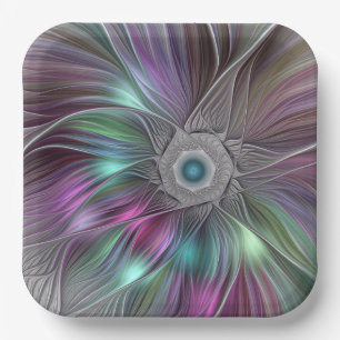 Colourful Big Flower Abstract Trippy Fractal Art Paper Plate