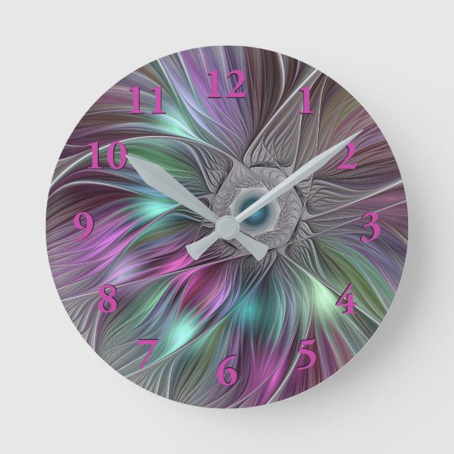 Colourful Big Flower Abstract Trippy Fractal Art Round Clock (Front)