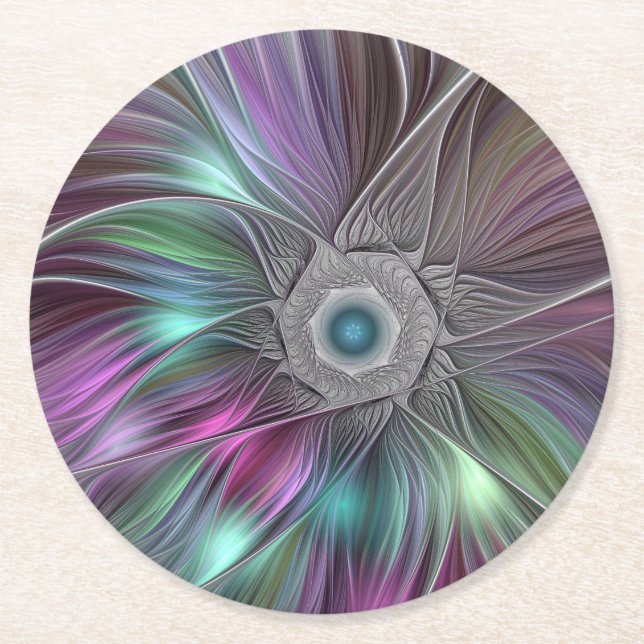 Colourful Big Flower Abstract Trippy Fractal Art Round Paper Coaster (Front)