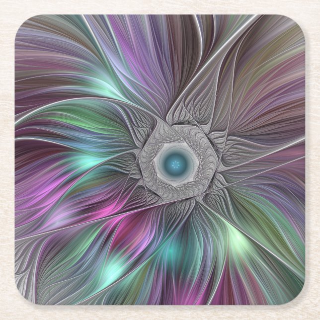 Colourful Big Flower Abstract Trippy Fractal Art Square Paper Coaster (Front)
