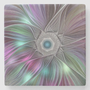 Colourful Big Flower Abstract Trippy Fractal Art Stone Coaster