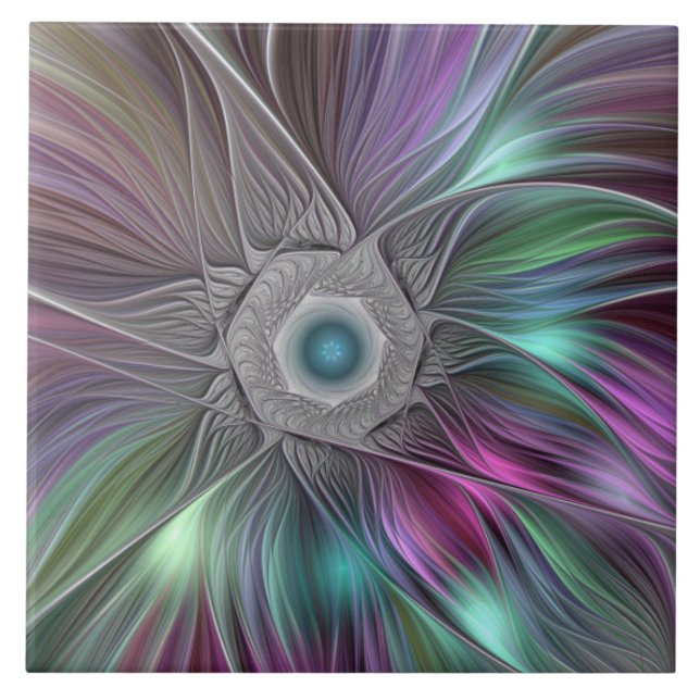 Colourful Big Flower Abstract Trippy Fractal Art Tile (Front)
