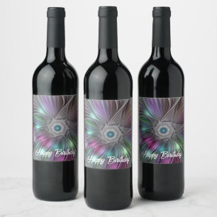 Colourful Big Flower Abstract Trippy Fractal Art Wine Label